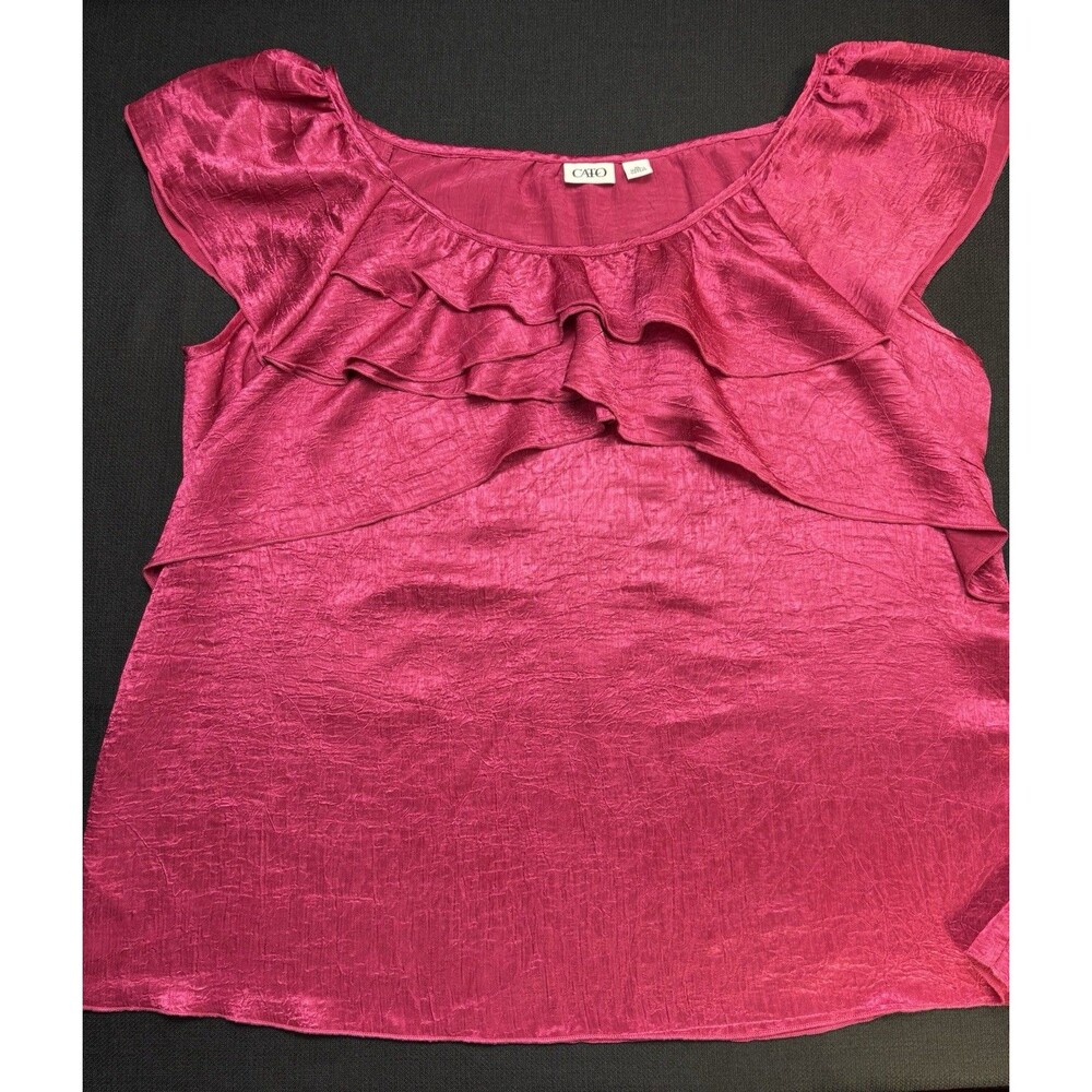 Cato Pink Solid Satin Polyester Ruffle Front Scoop Neck Cap Sleeve Blouse XL
